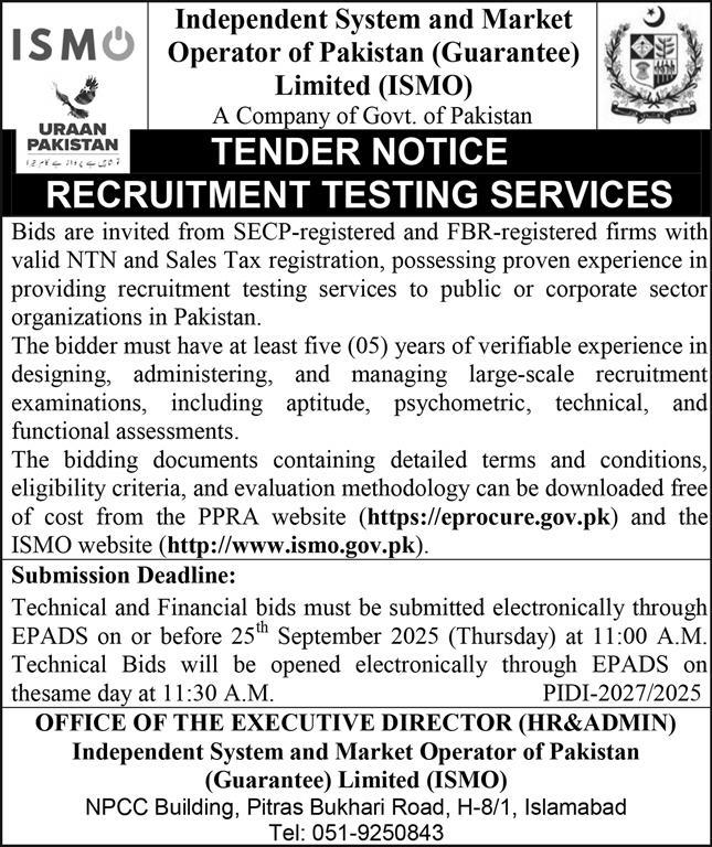 Independent System & Market Operator of Pakistan Limited Tender Notice